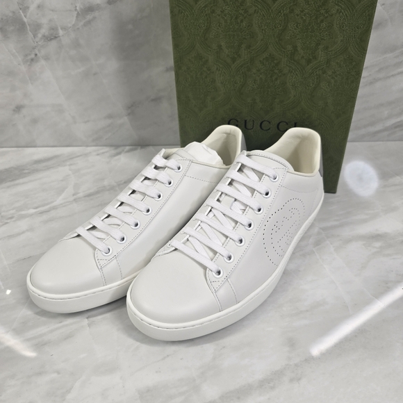 Gucci Shoes - Gucci White Leather Low-Top Sneakers with Perforated G